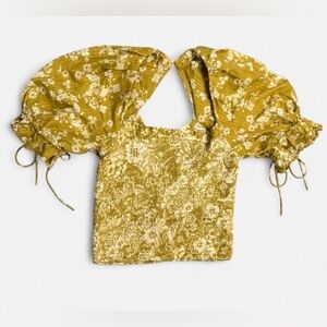 Anthropologie Smocked Floral Crop Top Mustard Yellow Puff Sleeve Size S